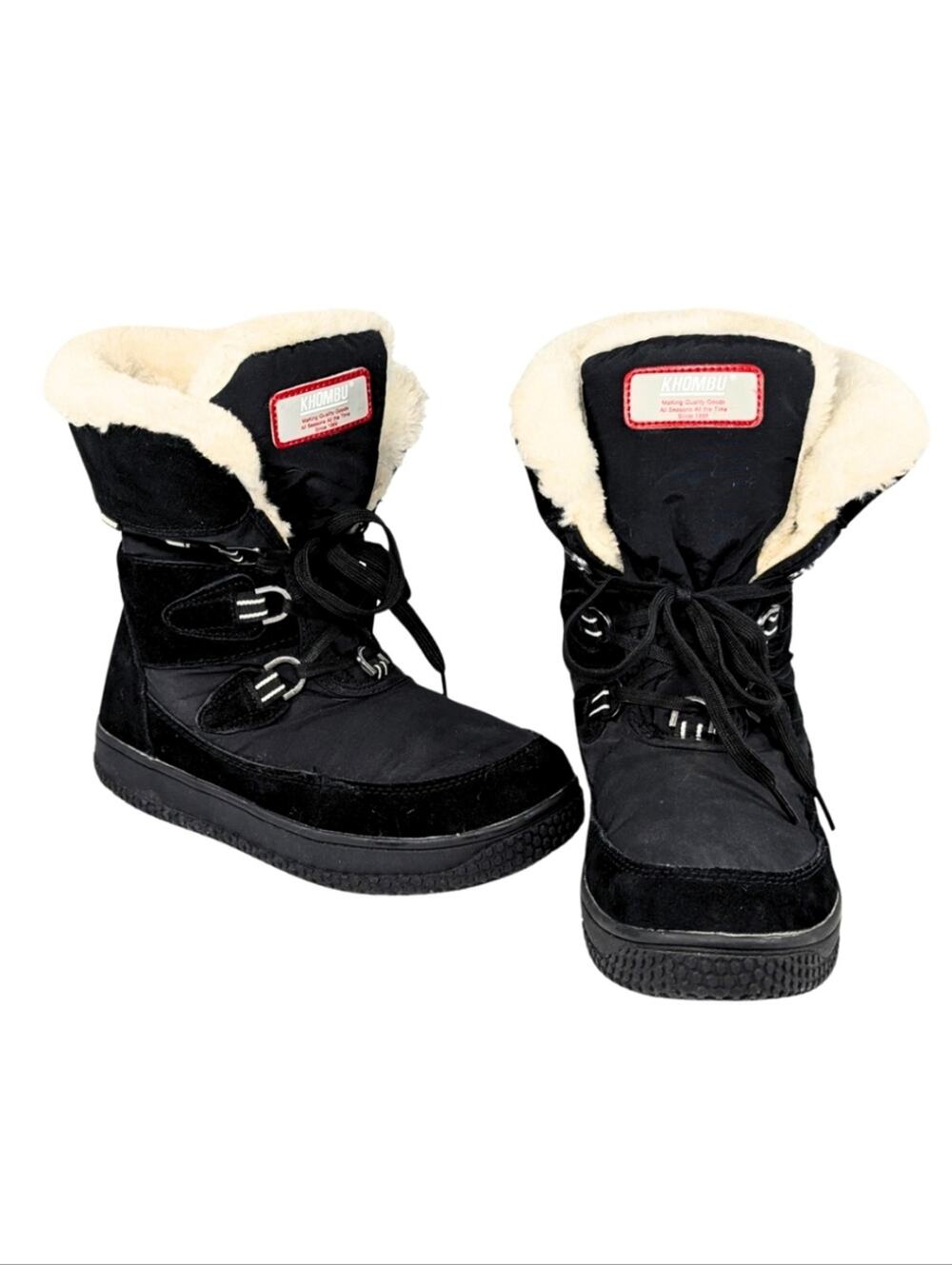 Khombu 8.5 Florence Black Leather Nylon Faux Fur Lined Winter Snow Boots